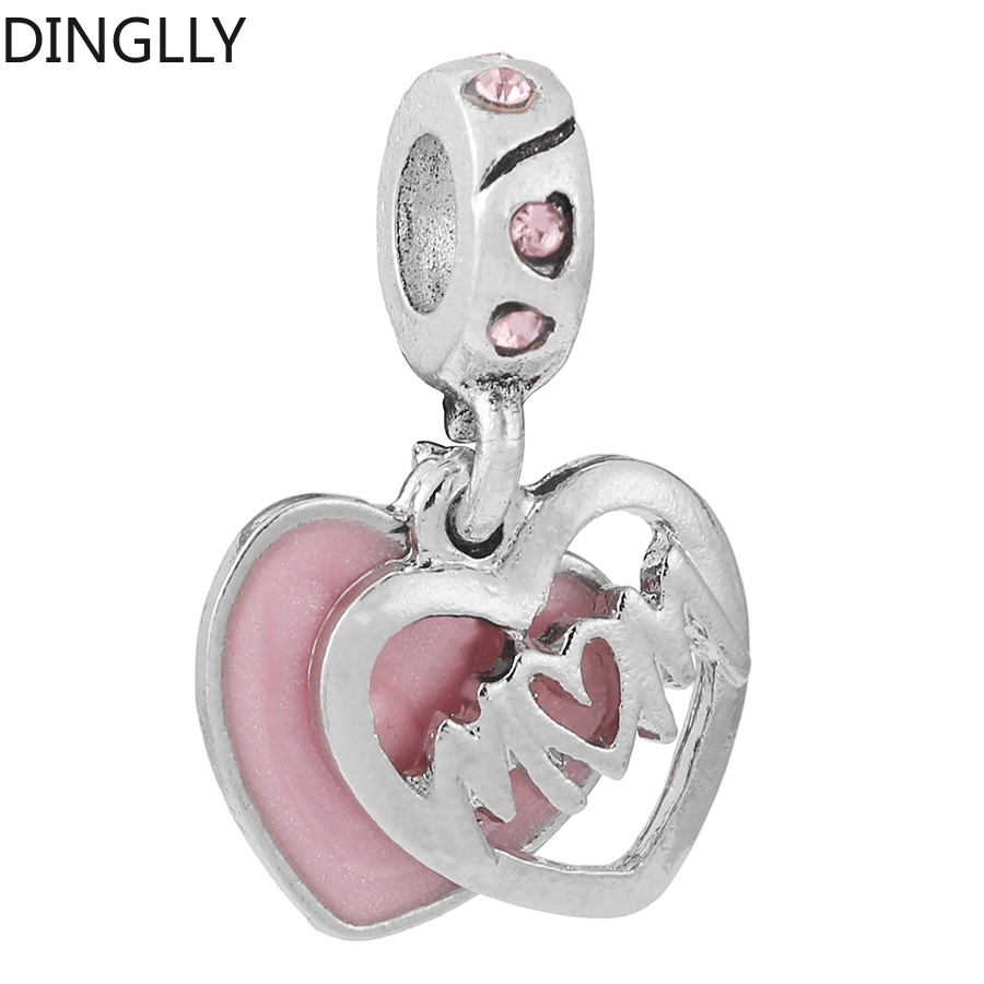 Dinglly จี้รูปหัวใจ โลหะผสม สีเงิน เคลือบและพลอยเทียม สีชมพู สําหรับทําเครื่องประดับ Diy