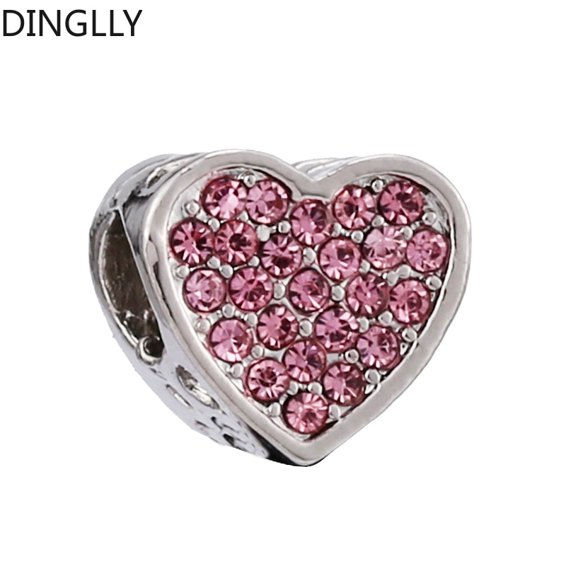 Dinglly ลูกปัดอัลลอย สีเงิน สีชมพู และพลอยเทียม รูปหัวใจ สําหรับทําเครื่องประดับ Diy
