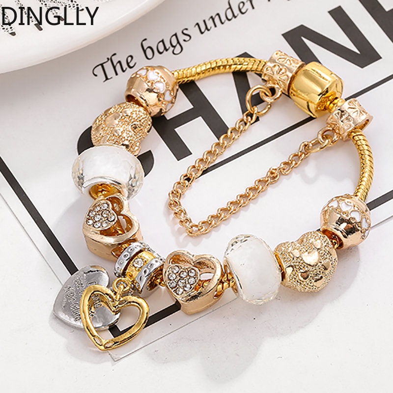 Dinglly สร้อยข้อมือ จี้รูปหัวใจ สีทอง สําหรับผู้หญิง Diy วันพรุ้ง ลูกชาย โคเฮอร์ ลูกปัด เสน่ห์