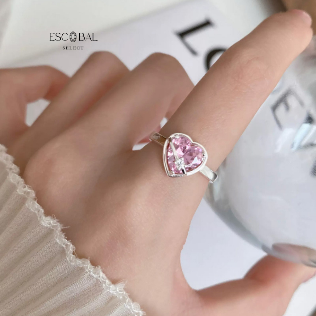 ESCOBAL ประสบความสำเร็จ พร้อมส่ง แหวนเงินแท้ Pink Heart  แหวนเพชรสีชมพู ขายดี สไตล์ใหม่ 2024 ไม่ลอกไม่ดำ