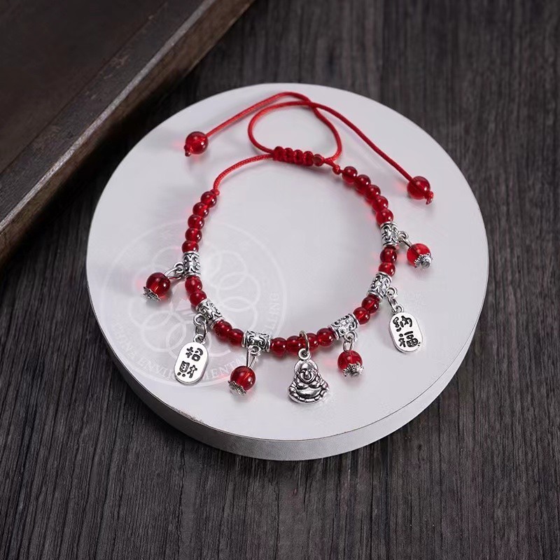 EnJoy  พร้อมส่ง (Bangle) กำไลข้อเท้าลูกปัดสีแดง ร้อยเชือกแดง ดีเทลร้อยรูปสัตว์โชคดี