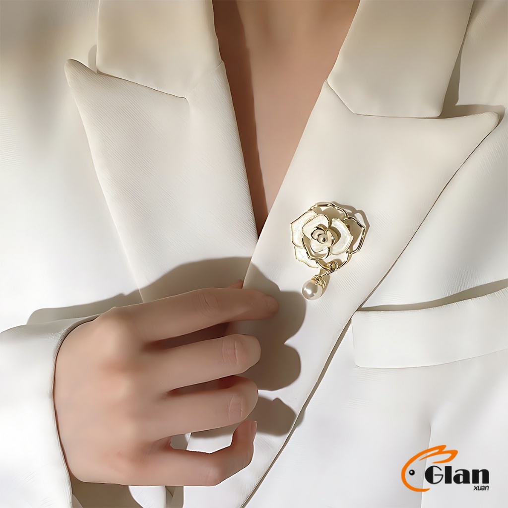 Glanxuan เข็มกลัด รูปดอกคามิเลีย ประดับมุก สไตล์เรโทร Camellia brooch