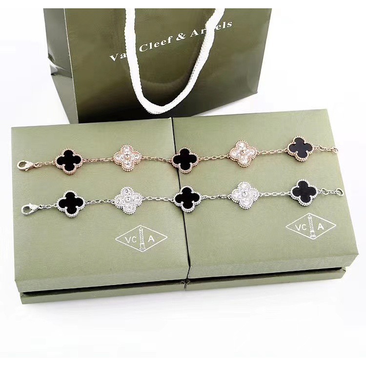 [Hot] [Hot] [หลากสีสัน] สร้อยข้อมือประดับเพชรดอกไม้ใบโคลเวอร์สี่ใบสําหรับผู้หญิง