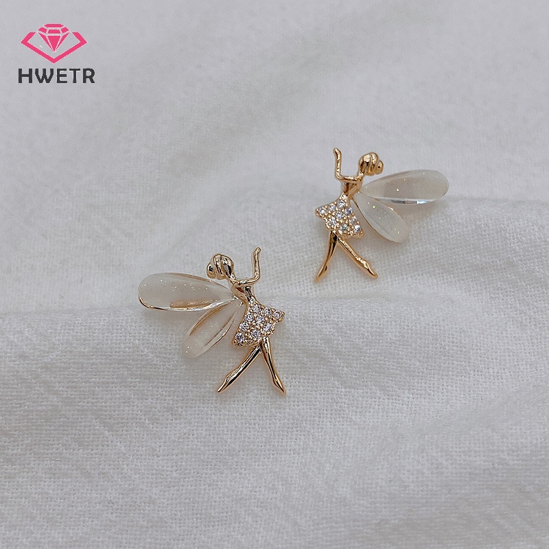 Hwetr ต่างหูสตั๊ด รูปปีกดอกไม้ ประดับเพทาย สวยหรู แฟชั่นสําหรับผู้หญิง