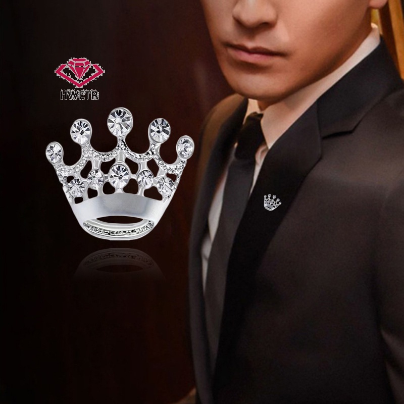 Hwetr ใหม่ เข็มกลัด รูปมงกุฎ ประดับเพชรเทียม สไตล์เรโทร แฟชั่นสร้างสรรค์ สําหรับผู้ชาย