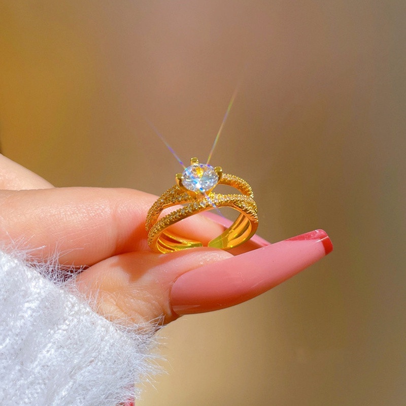 Jewelry แหวนทองฝังเพชรทองชุบสำหรับผู้หญิง ปรับขนาดได้