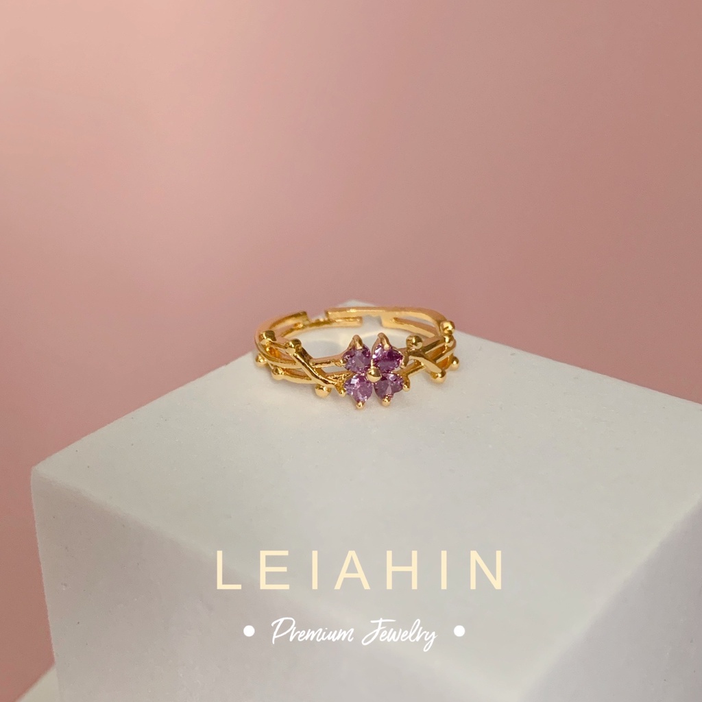LEIAHIN แหวนแฟชั่น แหวนทอง 18k ประดับเพทาย สีม่วง ปรับได้ เครื่องประดับแฟชั่น สําหรับผู้หญิง