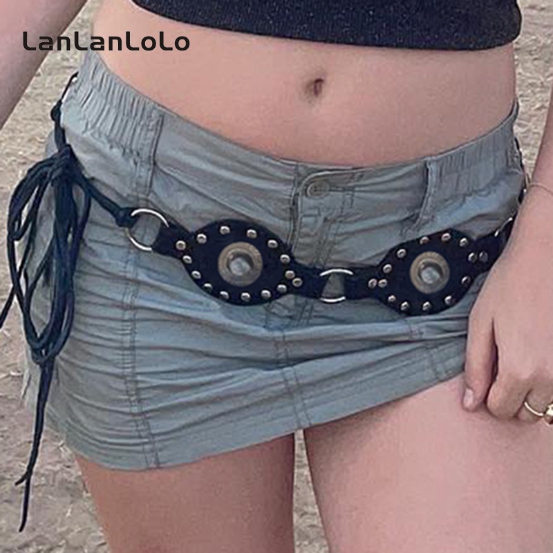 Lanlanlolo เข็มขัดหนัง ประดับลูกปัด สีพื้น สไตล์เรโทร แฟชั่นสําหรับผู้หญิง 2023