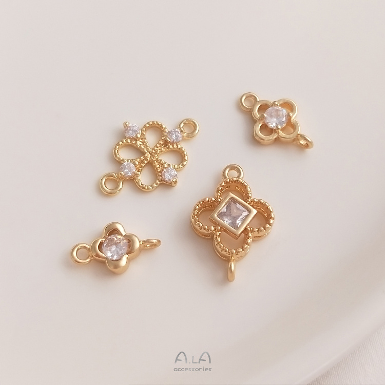 [Little Blu] จี้ทองแดง 14K ฝังเพทาย รูปใบโคลเวอร์สี่แฉก แฮนด์เมด