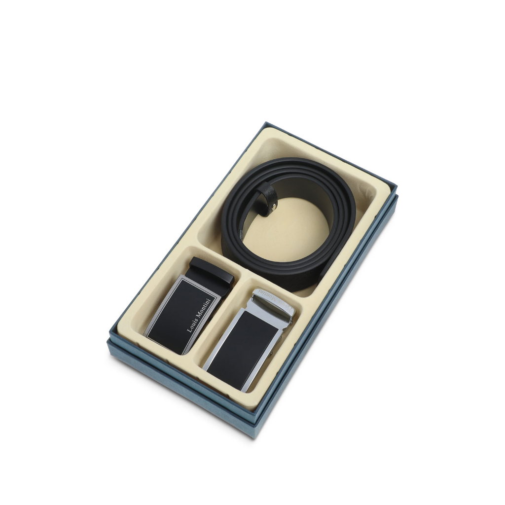 Louis Montini Boxset เข็มขัดหนังแท้ หัวออโต้เมติก 2 หัว ชุดกิ๊ฟเซ็ท Gift Set 2 Buckles Belt LM-BGS