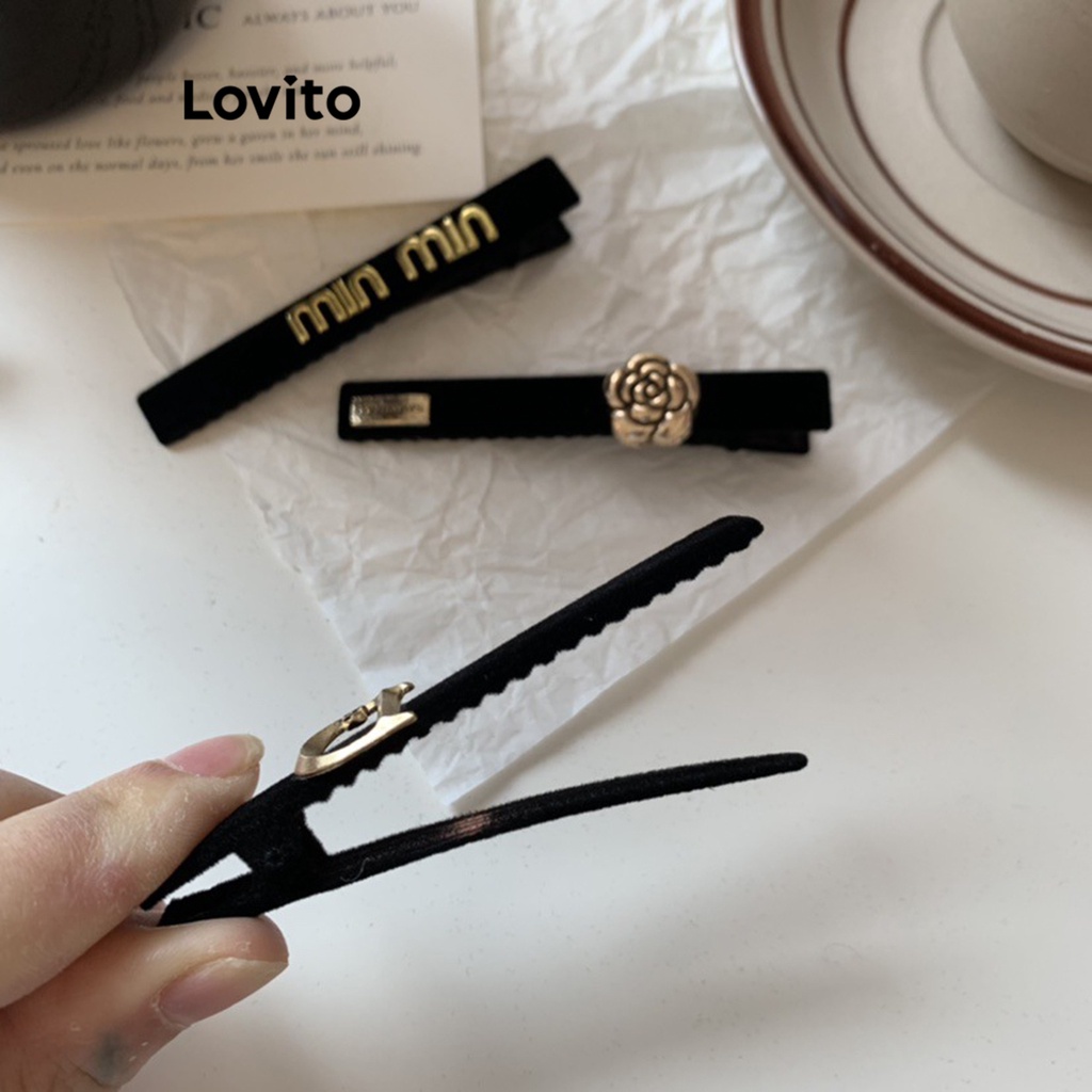 Lovito กิ๊บติดผมสตรี ลายดอกไม้ ลำลองสีพื้น สำหรับสตรี LFA03131 (สีดำ)