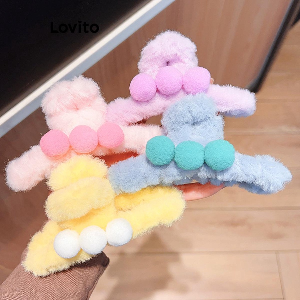 Lovito คลิปหนีบผมผู้หญิง แบบขนนิ่ม แต่งปอมปอม สไตล์น่ารัก LFA11024