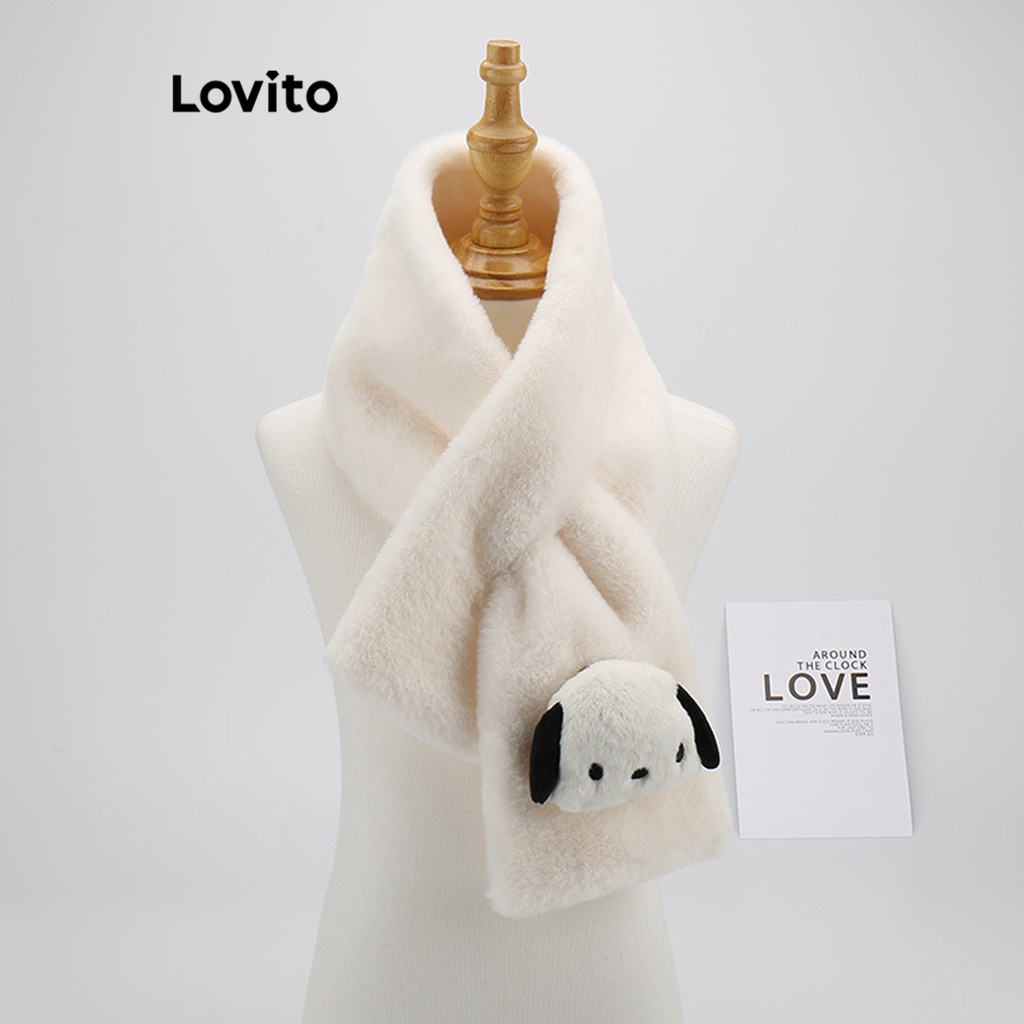 Lovito ผ้าพันคอผู้หญิง แบบขนนิ่ม ลายการ์ตูนลูกสุนัข น่ารัก LFA06214 (สีเทา / สีขาว / สีชมพู / สีดำ)