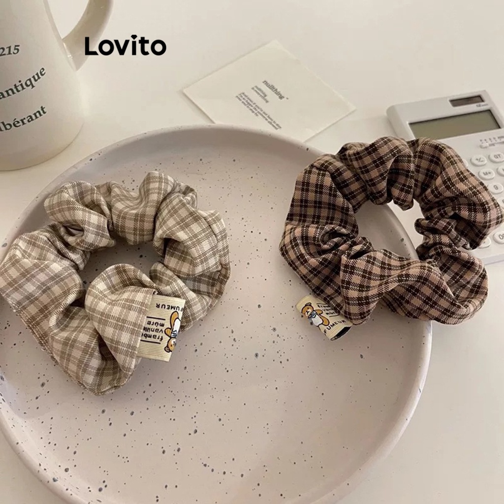 Lovito ยางรัดผมแบบผ้า ลายตาราง สไตล์ลำลอง สำหรับผู้หญิง LFA08442 (สีกาแฟ / สีกากีอ่อน)