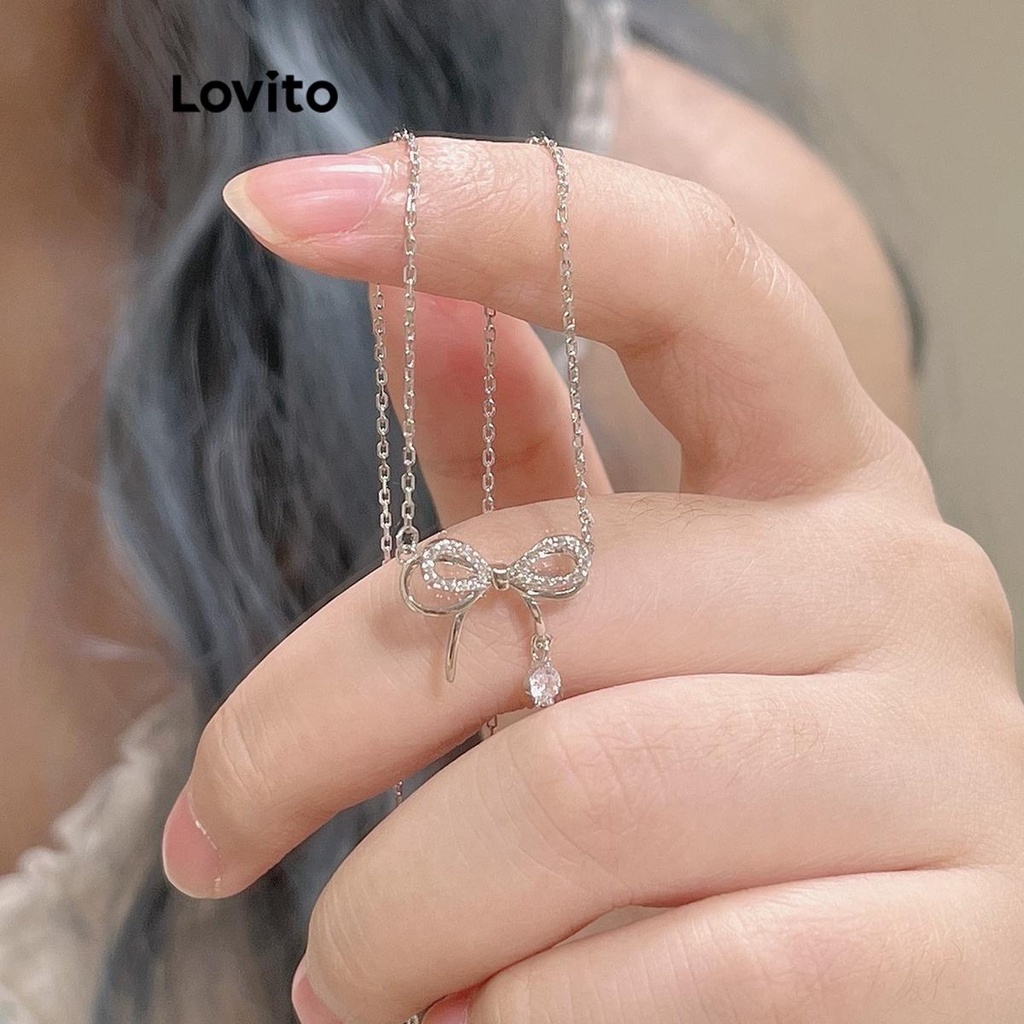 Lovito สร้อยคอผู้หญิง แต่งจี้พลอยเทียมรูปโบว์ สีเรียบ สไตล์ลำลอง LFA11197