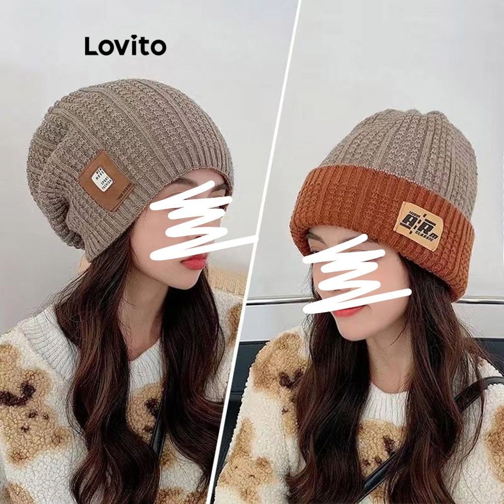 Lovito หมวกไหมผู้หญิง ใส่ได้ 4 สไตล์ เย็บแต่งแพทช์ สีเรียบ สไตล์ลำลอง LFA11178