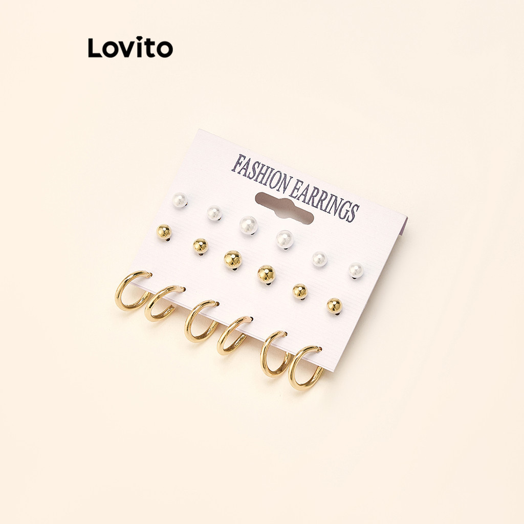 Lovito เซ็ทต่างหูผู้หญิง แต่งพลอยเทียม สีเรียบ สไตล์ลำลอง LCS02027