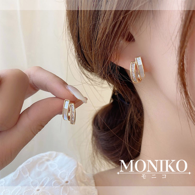 MONIKO ต่างหูเปลือกหอยต่างหูแบบสองชั้นสําหรับผู้หญิง แฟชั่นสาวหวาน เครื่องประดับหู