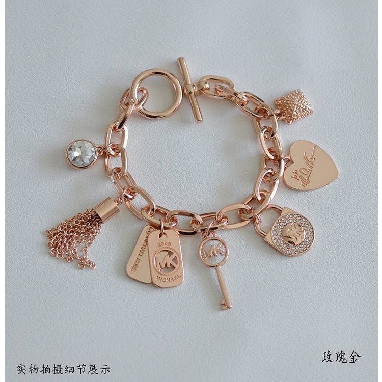 Mk สร้อยข้อมือเหล็กไทเทเนียม จี้รูปหัวใจ ประดับเพชร