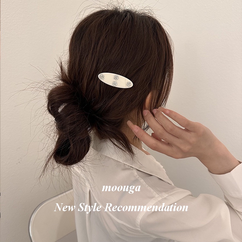 Moouga กิ๊บติดผม ทรงวงรี ประดับเพชร ลายดอกไม้ สีชมพู สไตล์เกาหลี