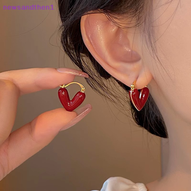 Newsandthen1 เครื่องประดับ ต่างหู จี้รูปหัวใจ สีไวน์แดง สไตล์ฝรั่งเศส โรแมนติก สําหรับผู้หญิง
