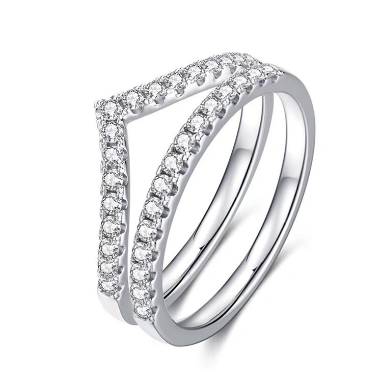 Pandora แหวนเงิน 925 ประดับเพชร เพทาย รูปตัว V สําหรับหมั้น งานแต่งงาน 2 ชิ้น ต่อชุด