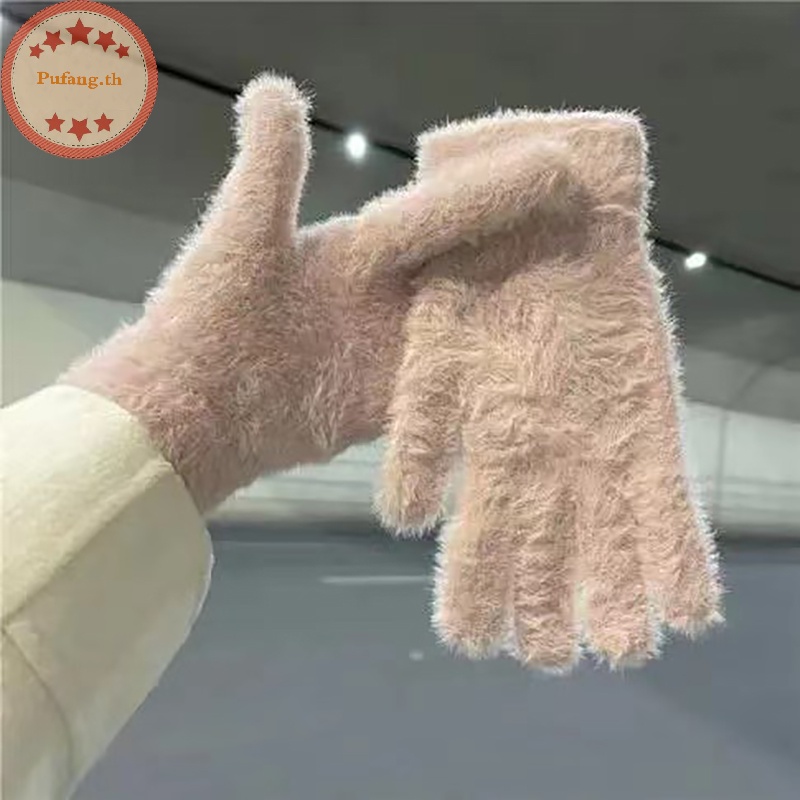 Pufang ถุงมือ ผ้ากํามะหยี่ แบบหนา ไร้นิ้ว ระบายอากาศ สีพื้น สไตล์เกาหลี สําหรับฤดูหนาว
