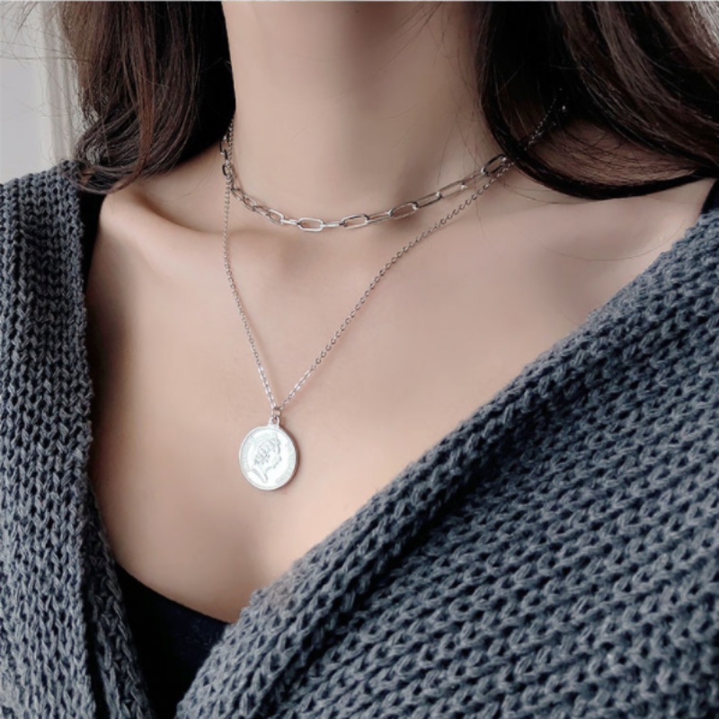 Roselife สร้อยคอโชคเกอร์ สองชั้น จี้รูปราชินี สไตล์วินเทจ สีเงิน เครื่องประดับ สําหรับผู้หญิง