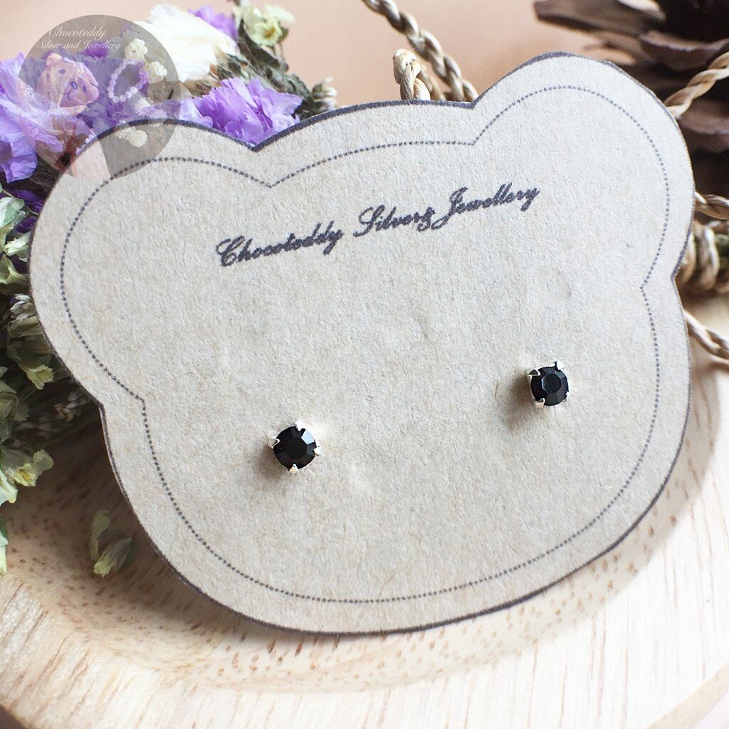 (S925) ต่างหูเงินแท้เพชรสี่เหลี่ยมสีดำ Sterling silver black earrings