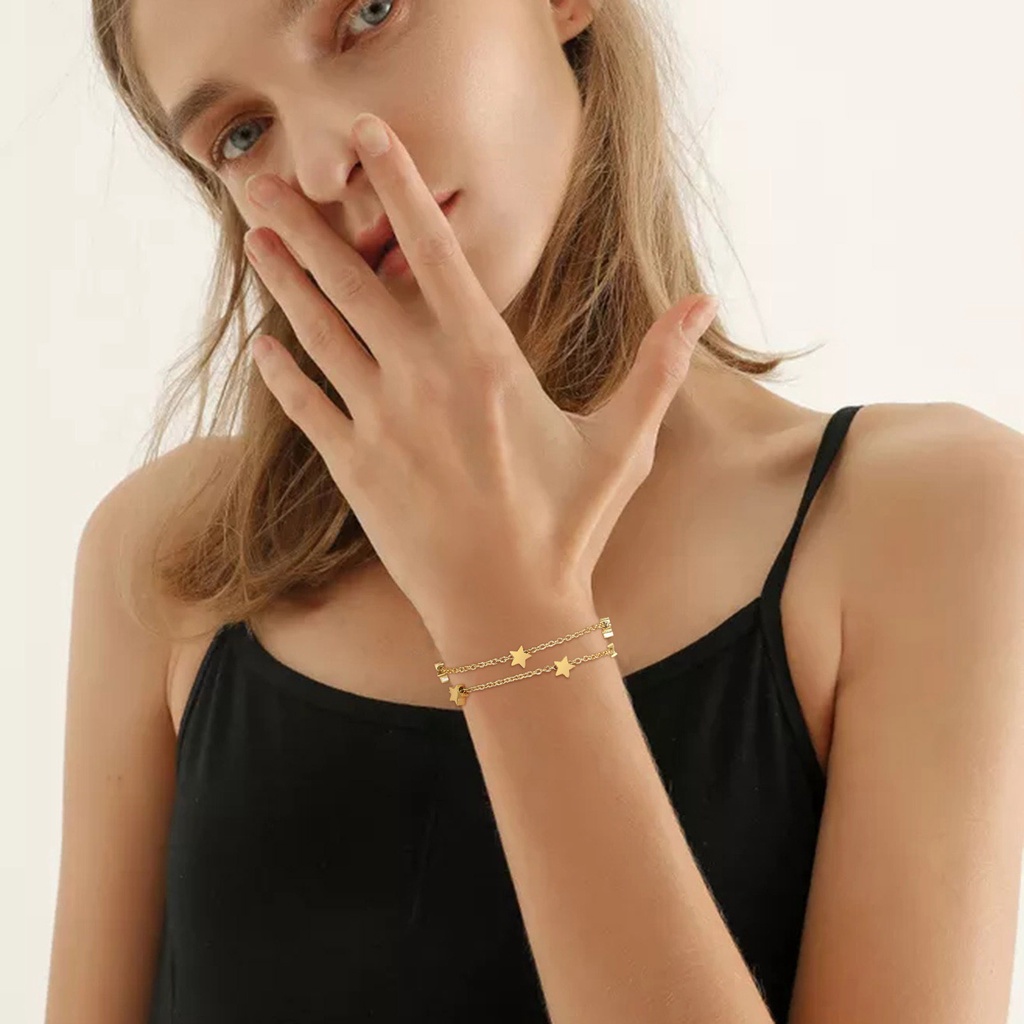 Vnox สร้อยข้อมือโซ่ ทอง 18K สองชั้น จี้รูปดาว หัวใจ สําหรับผู้หญิง