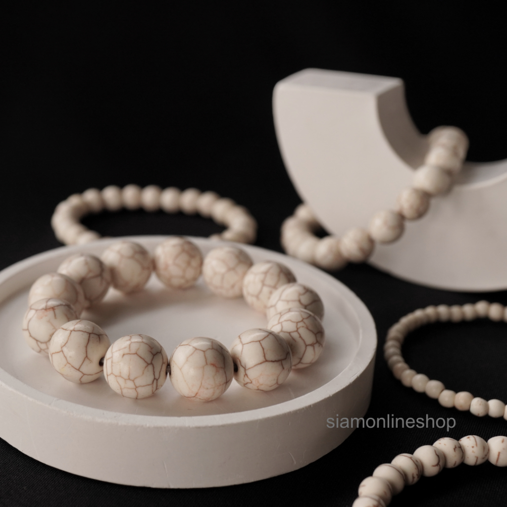 WHITE TURQUOISE หินเทอร์ควอยส์ สีขาว เลือกขนาดเม็ดหินได้ (4-14 มม.) สร้อยข้อมือหินแท้ by siamonlineshop