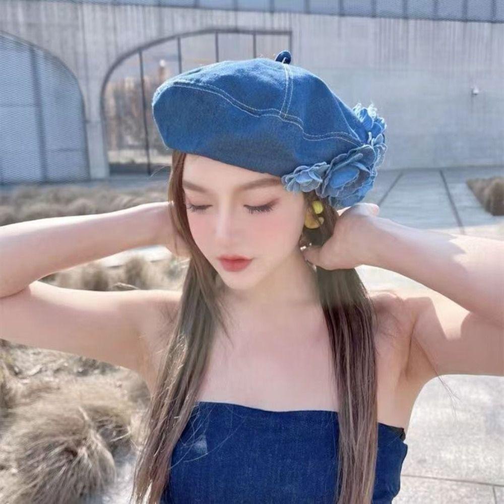 Xueshan หมวกเบเร่ต์ลําลอง ผ้าฝ้าย ลายดอกไม้ ดอกคามิเลีย สีตัดกัน แฟชั่น