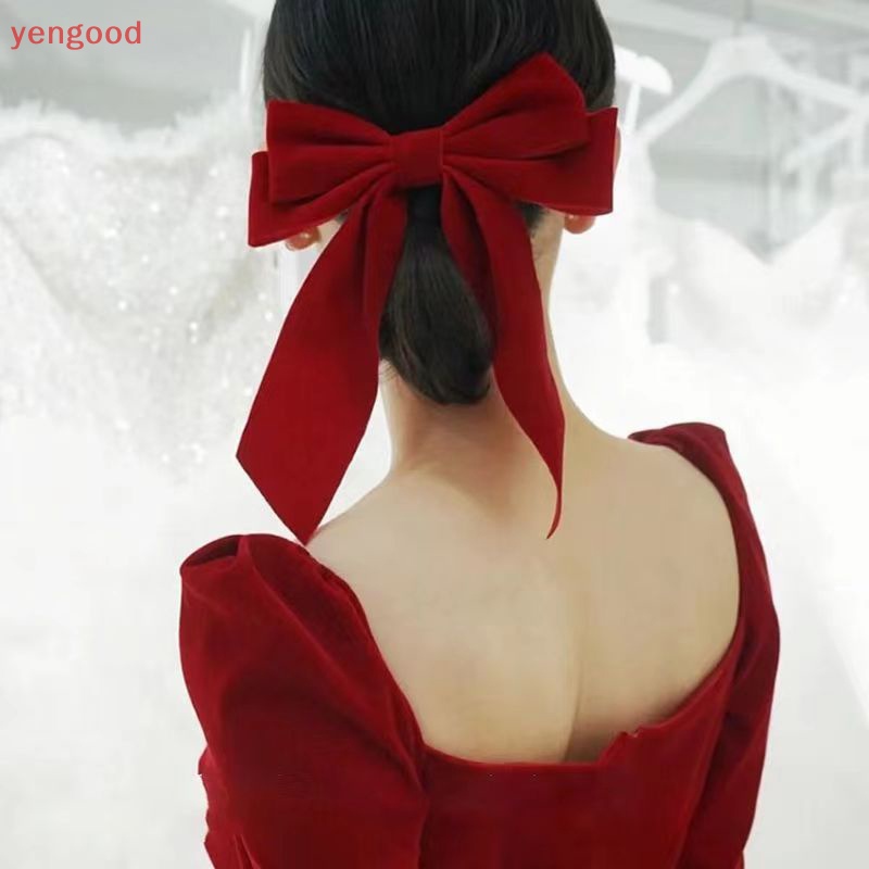 (YGD) กิ๊บติดผม ริบบิ้น โบว์กํามะหยี่ ขนาดใหญ่ สีดํา สีแดง สําหรับผู้หญิง งานแต่งงาน วินเทจ