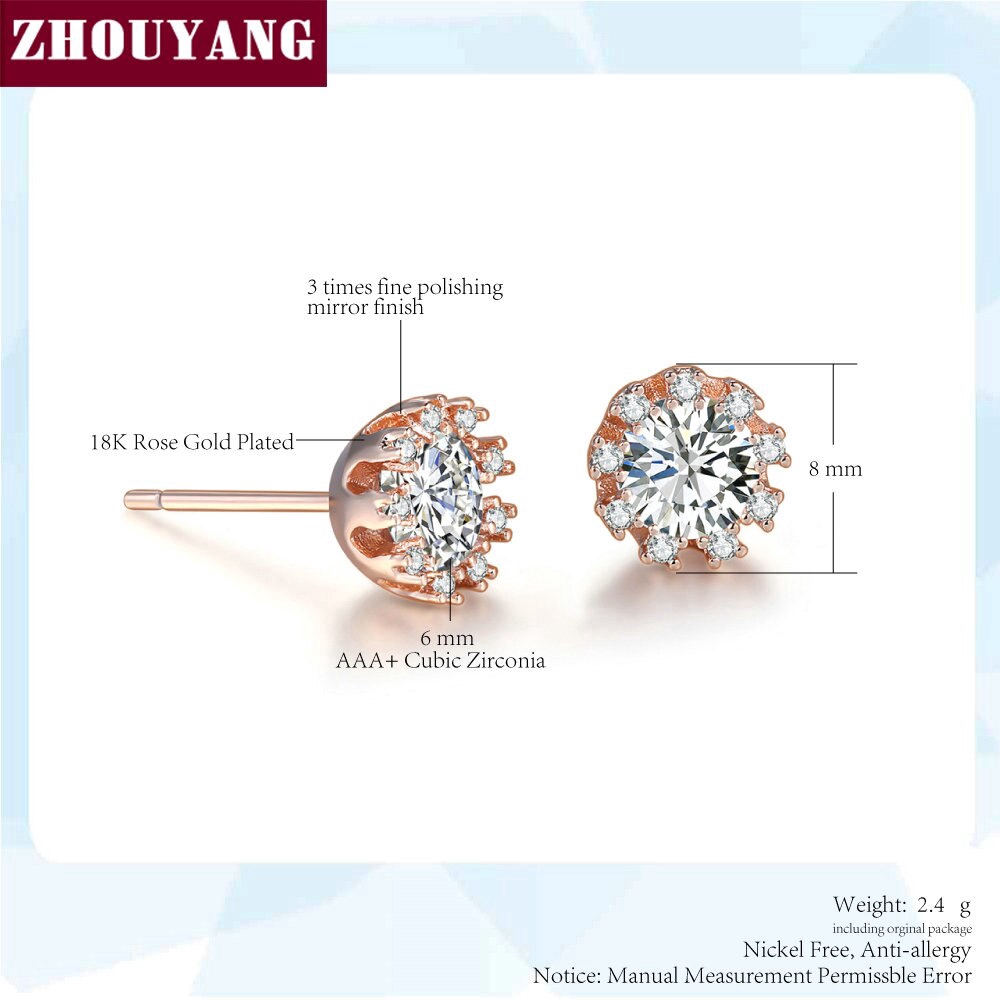 ZHOUYANG มงกุฎเจ้าหญิง Cubic Zirconia กุหลาบสีทอง / สีเงิน Stud Earrings เครื่องประดับแฟชั่น ZYE021 ZYE022