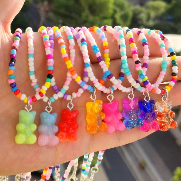 [ZOMI] เกาหลีแฮนด์เมดสายรุ้งสีหมี จี้สาวข้าวลูกปัดสร้อยคอโซ่สำหรับผู้หญิง