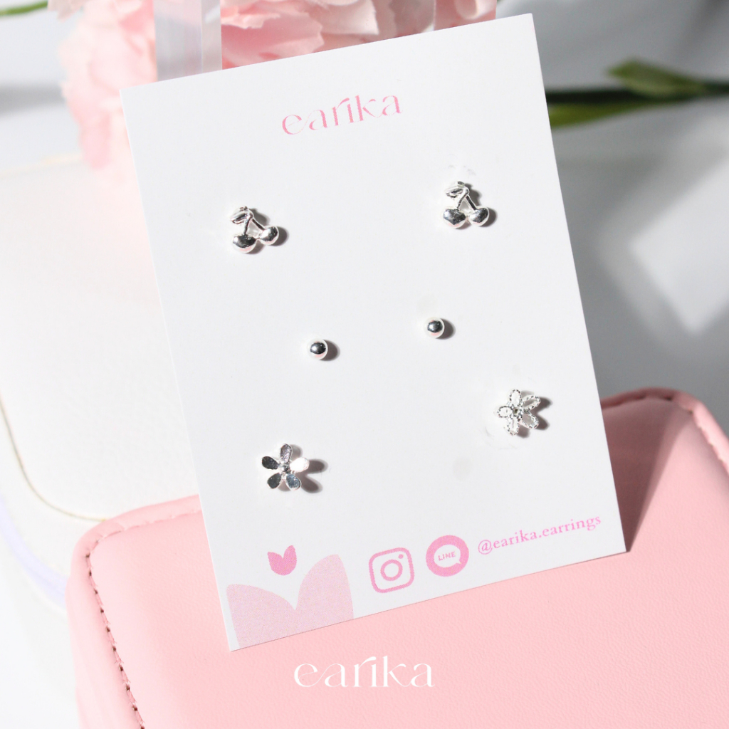 earika.earrings - cherry on top set เซ็ตต่างหูก้านเงินแท้ตีมดอกไม้เชอร์รี่ เหมาะสำหรับคนแพ้ง่าย