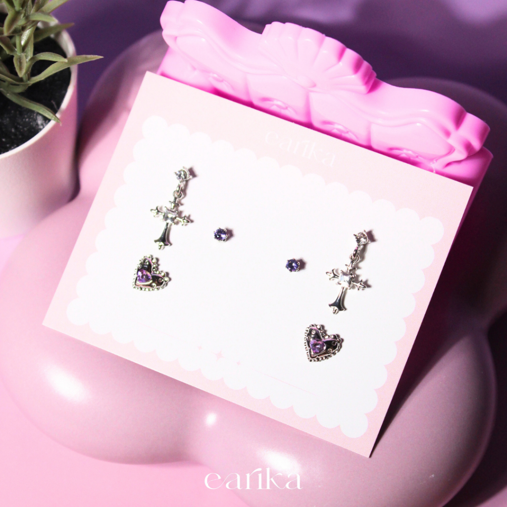 earika.earrings -  irish soul cross set เซ็ตต่างหูแป้นทับธีมหัวใจสีม่วง ก้านเงินแท้ เหมาะสำหรับคนแพ้ง่าย