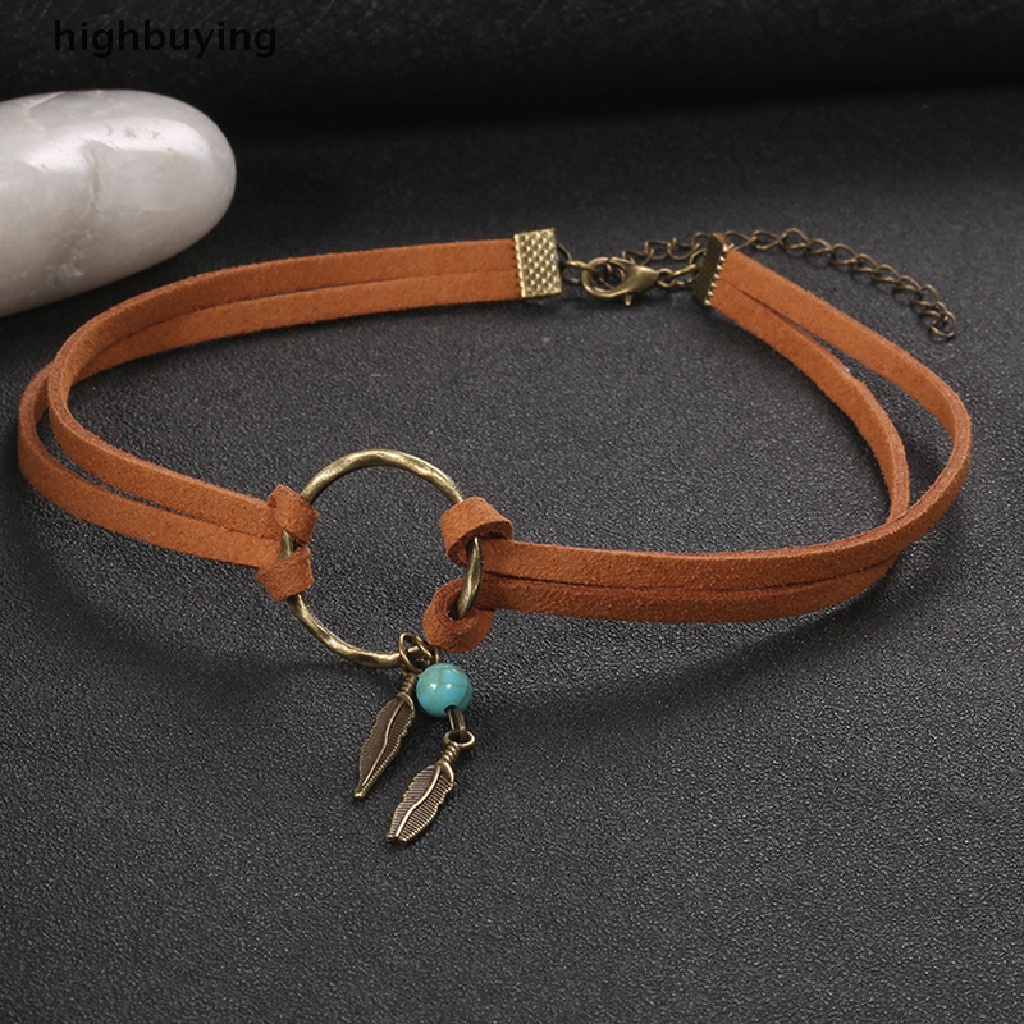 [highbuying] Women Bohemian Choker Boho Feather Bead Pendant Brown Leather Chain Necklace Fashion Lady Jewelry Party Gift New Stock