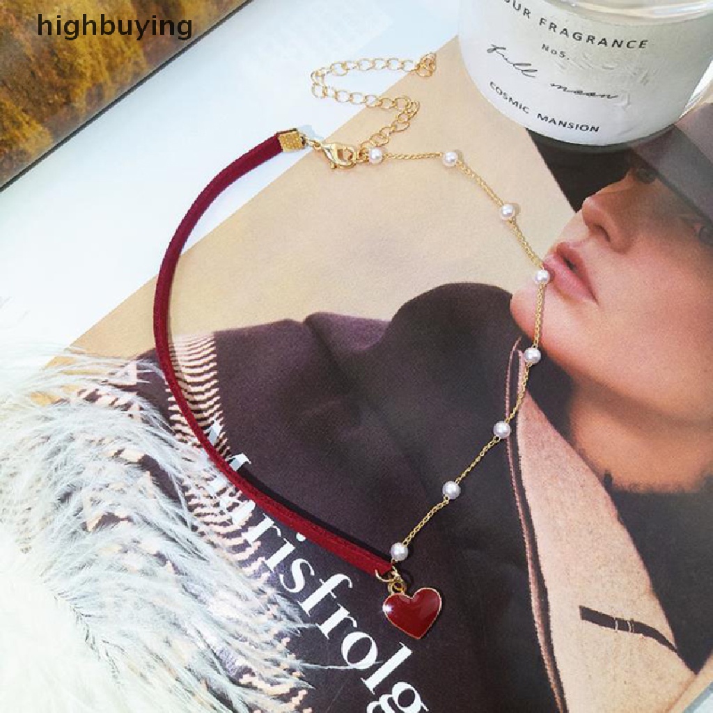 [highbuying] สร้อยคอ โช้คเกอร์ จี้ไข่มุก รูปหัวใจ สีแดง อสมมาตร เครื่องประดับแฟชั่นสตรี พร้อมส่ง