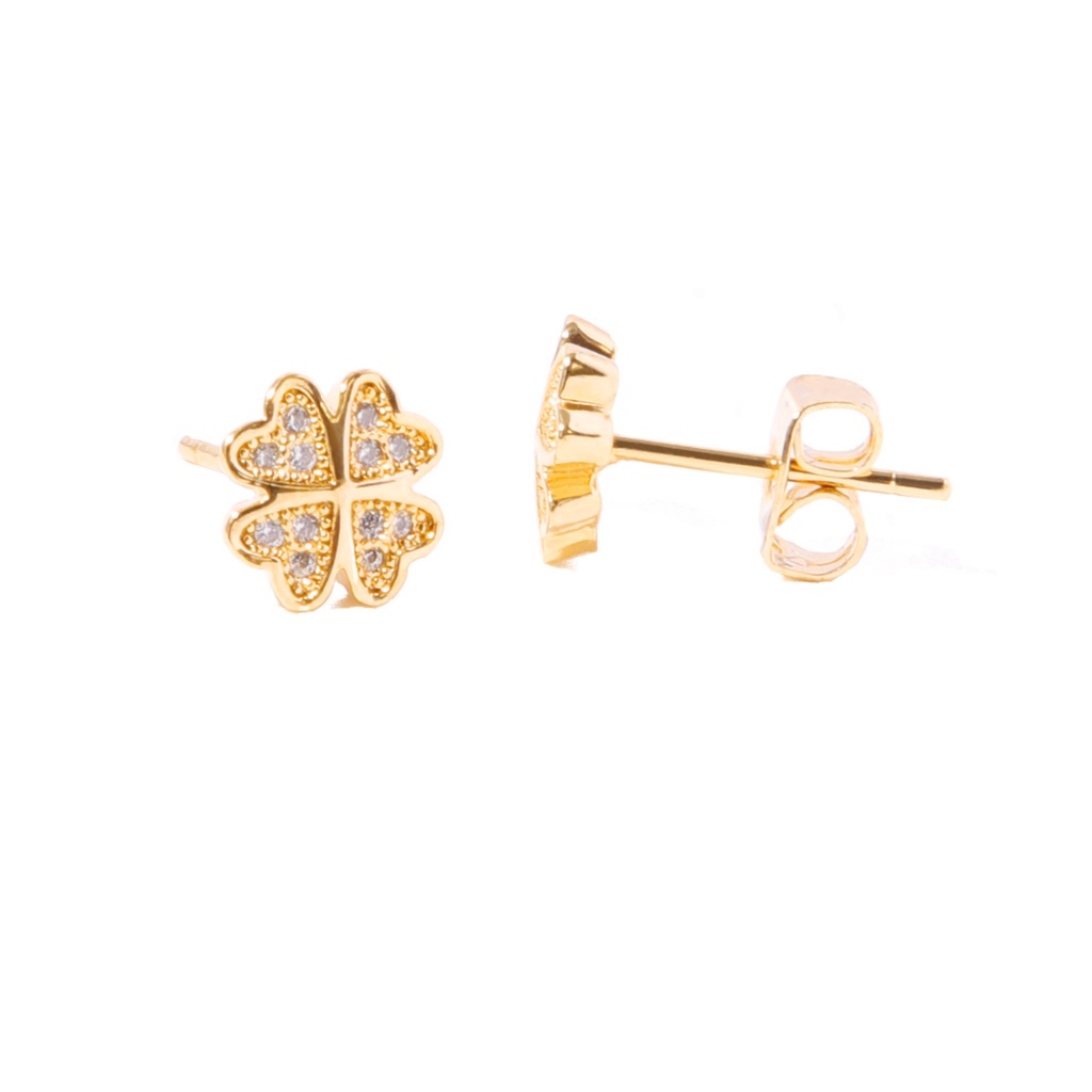 jewelry ทอง 18k ขนาดเล็กและประณีตต่างหูเพทายหญิงสไตล์เกาหลีสี่ใบโคลเวอร์ 418e