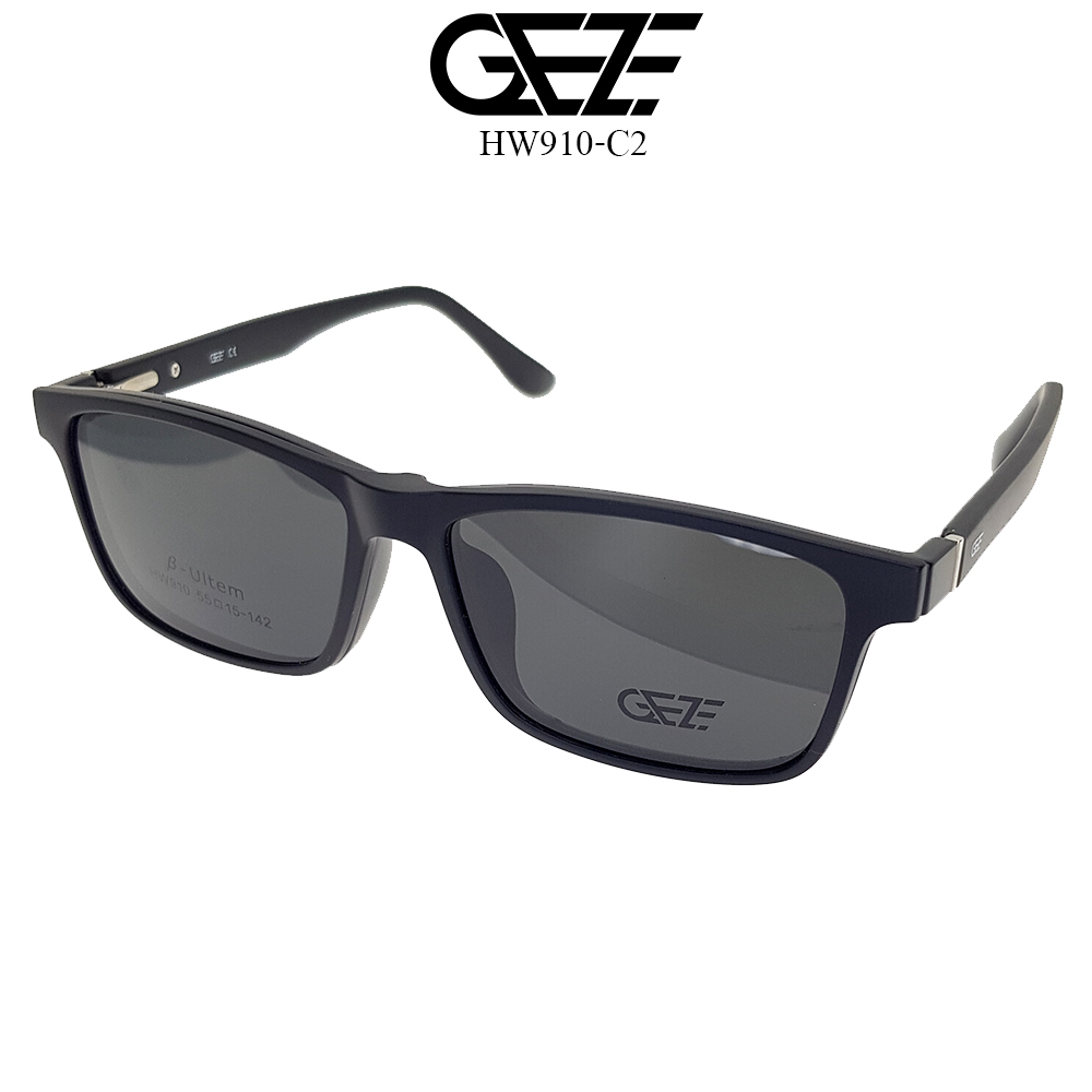 กรอบแว่นสายตา GEZE Clip-On รุ่น HW910-C2 เต็มกรอบสีดำด้าน คลิปออนแม่เหล็ก เลนส์กันแดด Polarized