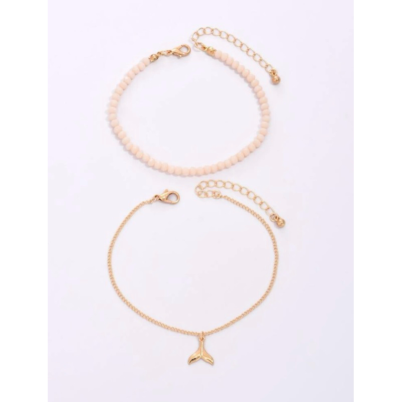 กำไลข้อเท้าลูกปัด กำไลข้อเท้าจี้หางปลา set 2 ชิ้น “สีทอง” พร้อมส่ง! (#P11)