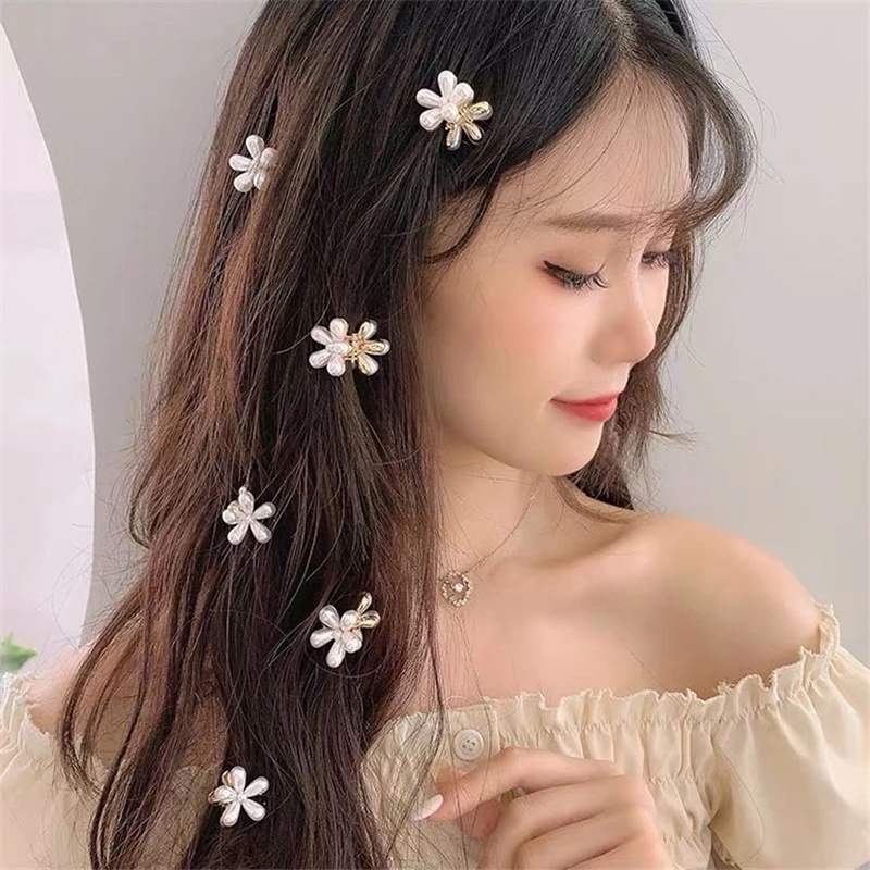กิ๊บติดผม ทรงกลม ขนาดเล็ก ประดับไข่มุก และพลอยเทียม ลายดอกไม้ หรูหรา เครื่องประดับผม