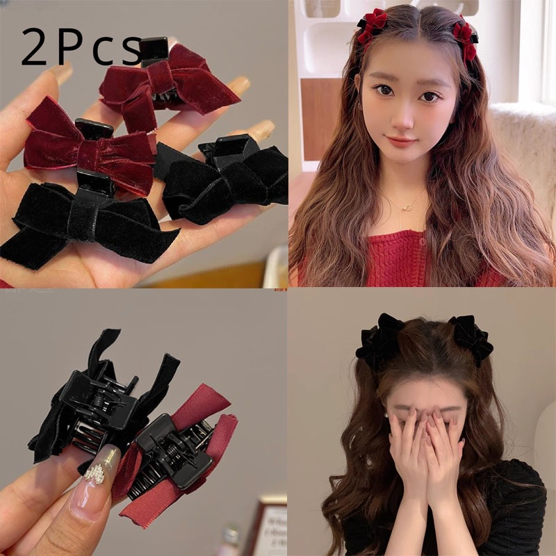 กิ๊บติดผม ผ้ากํามะหยี่ ประดับโบว์น่ารัก ด้านข้าง 2 ชิ้น