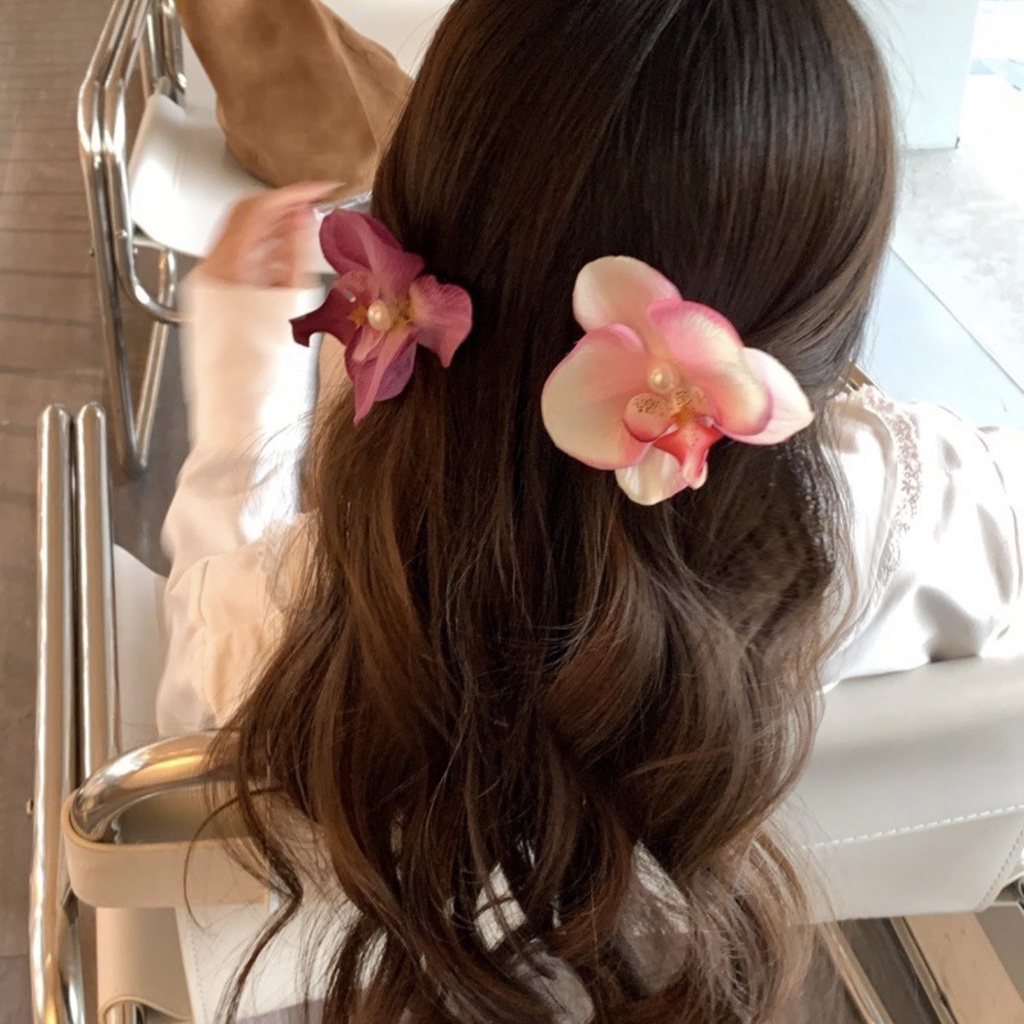 กิ๊บติดผม รูปกล้วยไม้จําลอง ประดับไข่มุก สไตล์เกาหลี สําหรับผู้หญิง