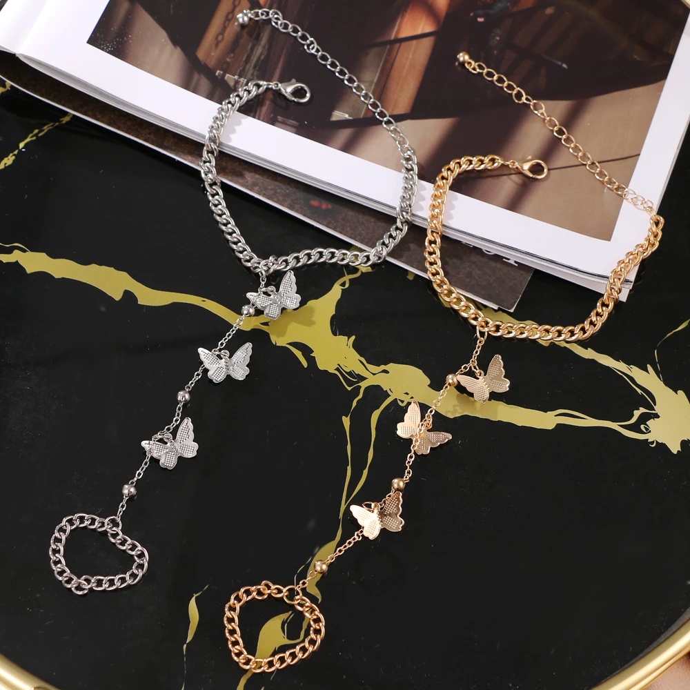 [ของขวัญ] สร้อยข้อมือแหวนนิ้วมือรูปผีเสื้อสไตล์โบฮีเมียนวินเทจสําหรับผู้หญิงและผู้ชาย