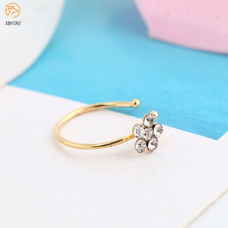 จิวจมูกดอกไม้ปลอมแหวนและกระดุมจมูกคลิปห่วงจมูก Rhinestone 5 Rhinestone