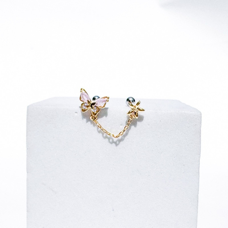 จิวต่างหูเกาหลี More Than Piercing: C012 Pinky Butterfly Chain