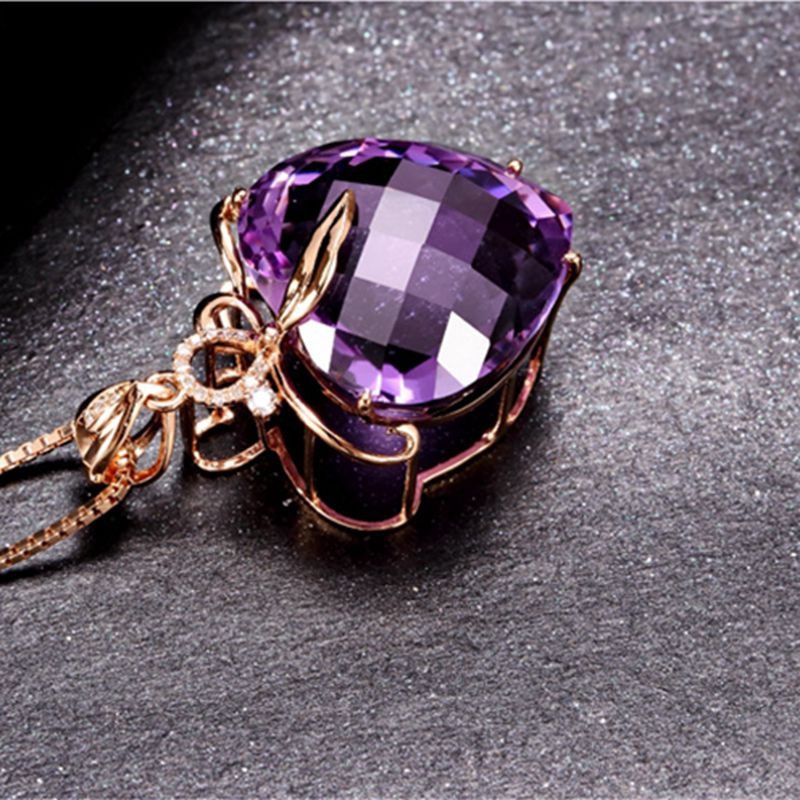 จี้สร้อยคอแฟชั่นสตรีหรูหรารูปหัวใจอเมทิสต์สีทอง 18K