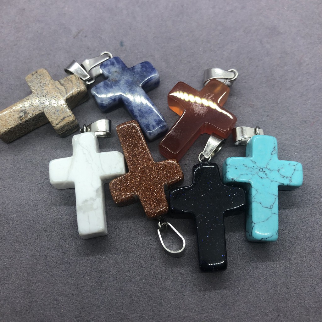 จี้หินธรรมชาติข้ามจี้อุปกรณ์ DIY สร้อยคอหินทรายสีฟ้าอาเกต Cross pendant